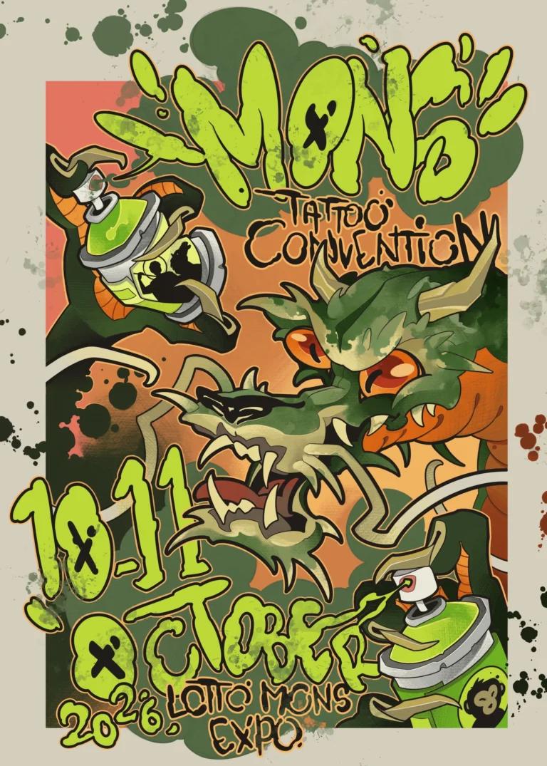 Affiche de la Mons Tattoo Convention 2026 : dragon et bombes de peinture, 10 et 11 octobre 2026 au Lotto Mons Expo