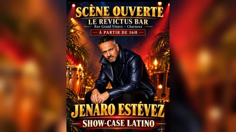 Affiche de la scène ouverte et du show-case latino de Jenaro Estévez au Revictus Bar à Charneux