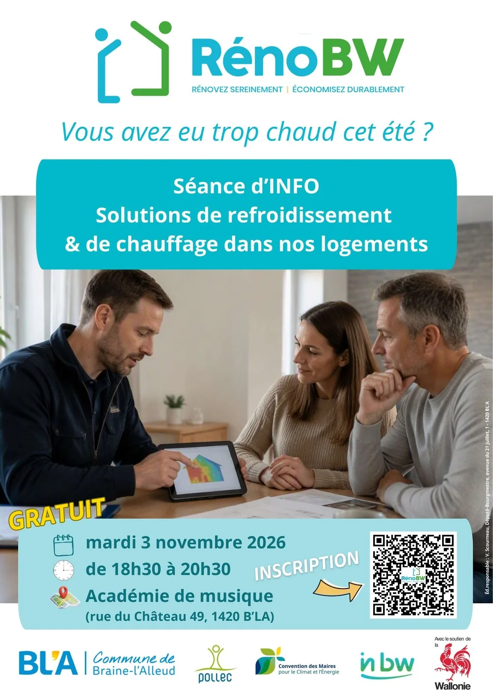 Affiche RénoBW de la séance d’info sur les solutions de refroidissement et de chauffage, mardi 3 novembre 2026 à l’Académie de musique de Braine-l’Alleud