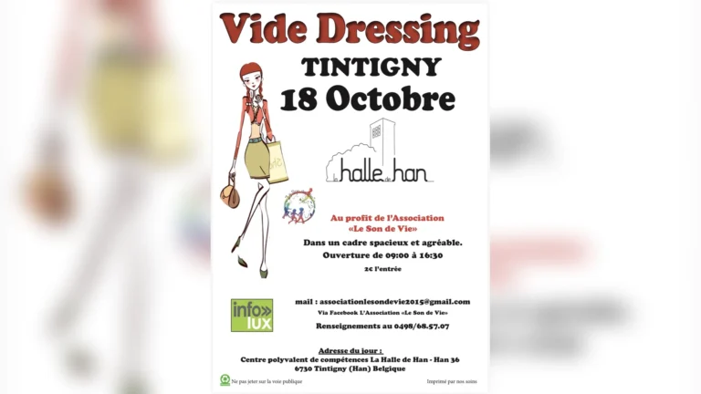 Affiche du vide-dressing de l’association Le Son de Vie à la Halle de Han, Tintigny, le dimanche 18 octobre 2026