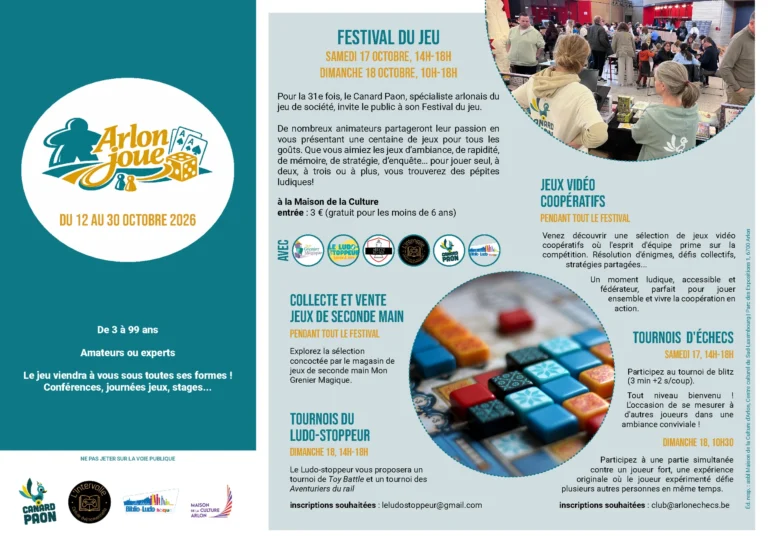 Dépliant d’Arlon joue ! 2026, festival du jeu du 12 au 30 octobre à Arlon : Festival du jeu, jeux vidéo coopératifs, tournois d’échecs