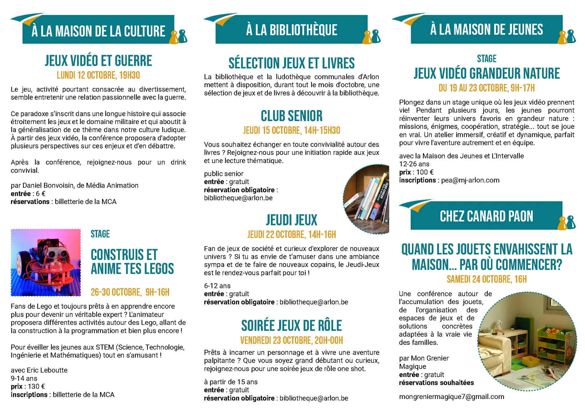 Programme d’Arlon joue ! 2026 par lieu : Maison de la Culture, Bibliothèque, Maison de jeunes et Canard Paon