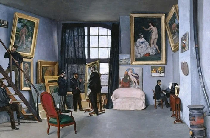 Tableau L’Atelier de Bazille (1870) montrant des peintres réunis dans un atelier parisien, illustration de la conférence Le peintre en son antre à Bertrix