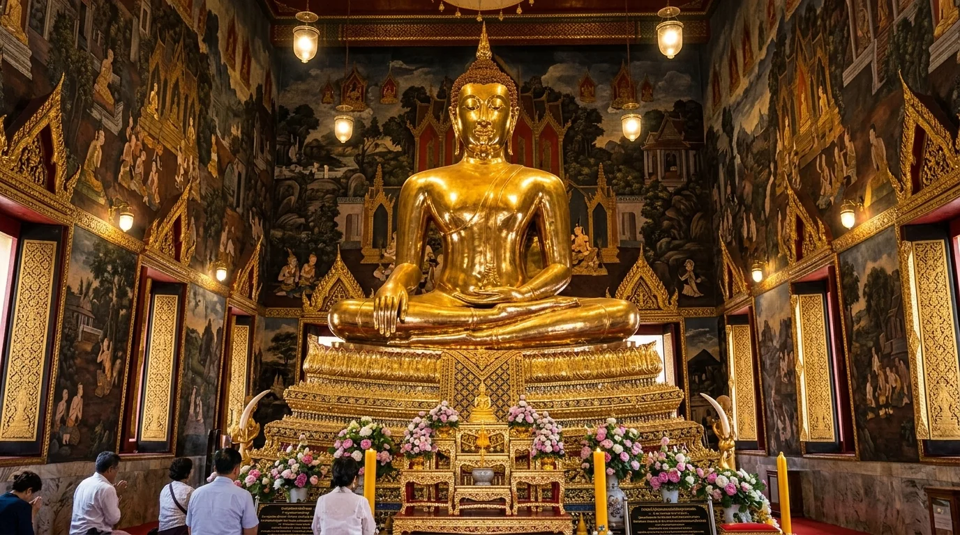 Illustration d’un bouddha doré assis dans un temple orné de fresques