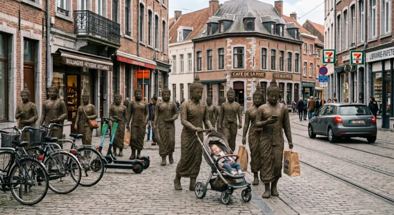 Illustration : des statues de bouddhas couleur de boue parmi les passants d’une rue commerçante