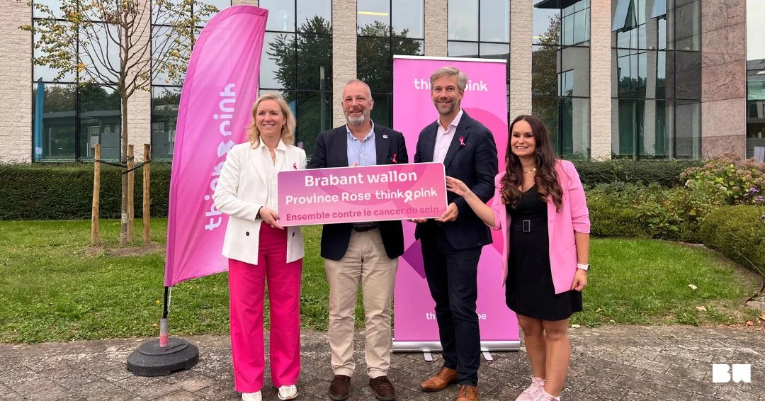 La place du Brabant wallon à Wavre et ses bâtiments illuminés de rose à la tombée de la nuit