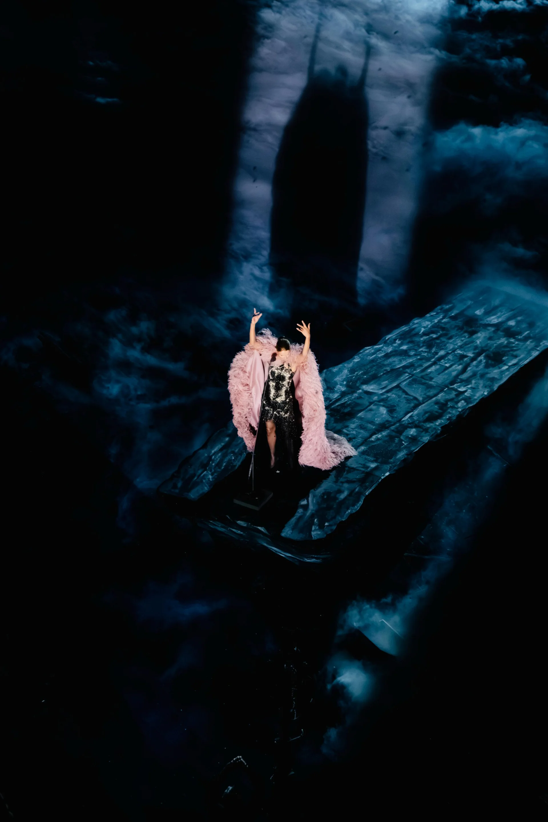 Céline Dion en manteau de plumes rose, vue en plongée sur la scène de la Plenitude Arena