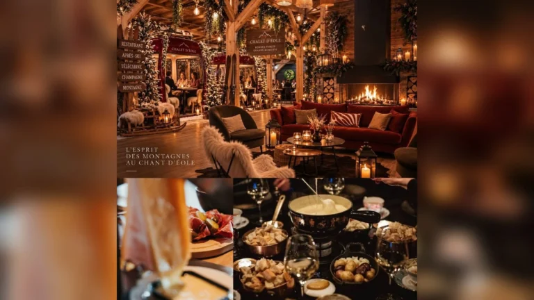 Visuel du chalet d’hiver de la Brasserie d’Éole au Domaine du Chant d’Éole, avec une raclette et une fondue