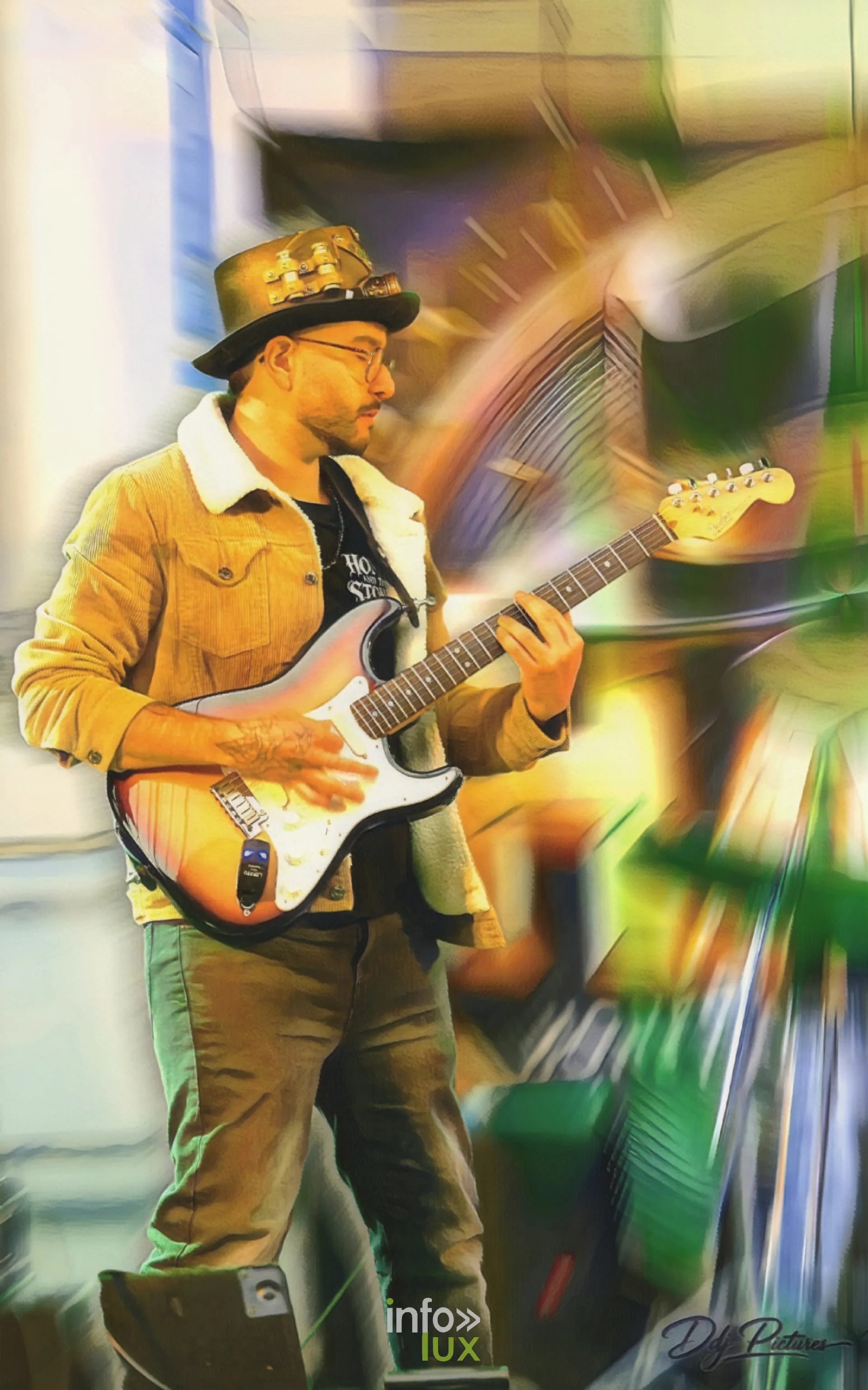 Guitare électrique sur la scène de l’espace Dedon, convention steampunk Rouages intemporels à Toul, octobre 2026 (photo Éric Didierjean)