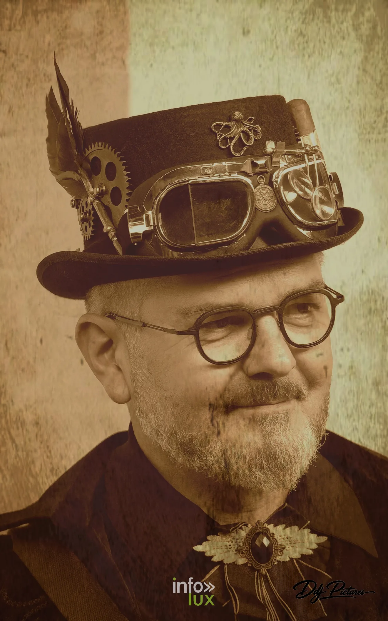 Portrait en tons sépia, à la manière d’une photographie ancienne, convention steampunk Rouages intemporels à Toul, octobre 2026 (photo Éric Didierjean)