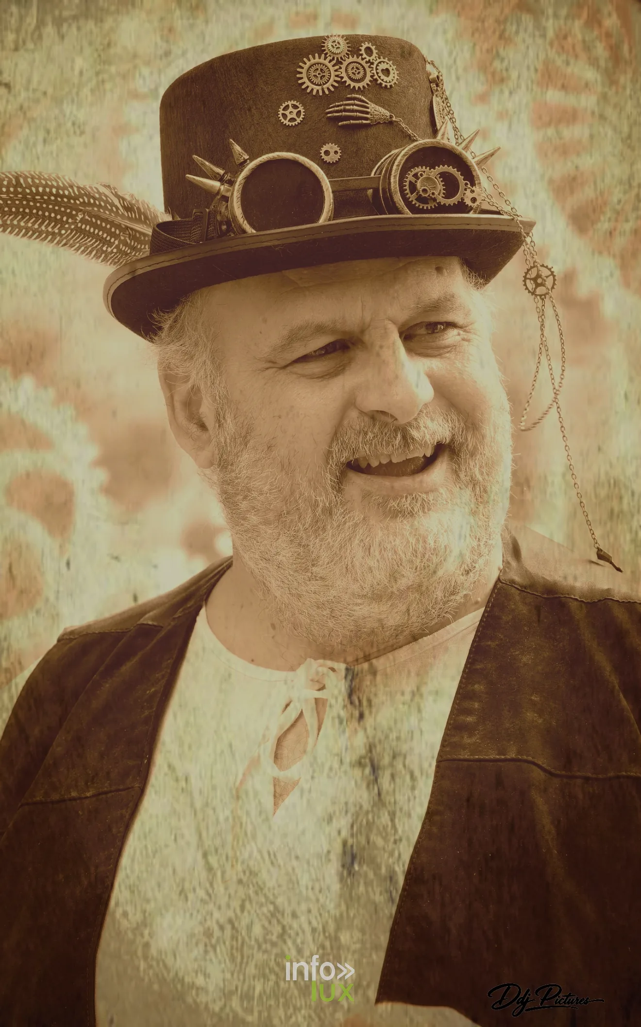 Portrait en tons sépia, à la manière d’une photographie ancienne, convention steampunk Rouages intemporels à Toul, octobre 2026 (photo Éric Didierjean)
