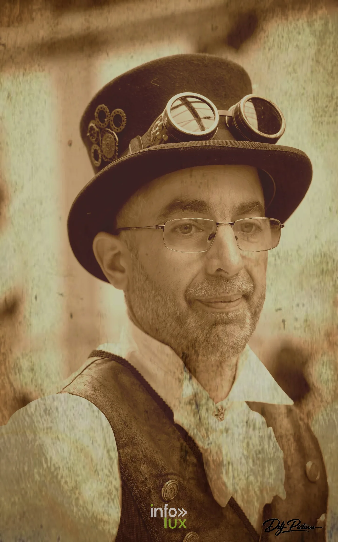 Portrait en tons sépia, à la manière d’une photographie ancienne, convention steampunk Rouages intemporels à Toul, octobre 2026 (photo Éric Didierjean)