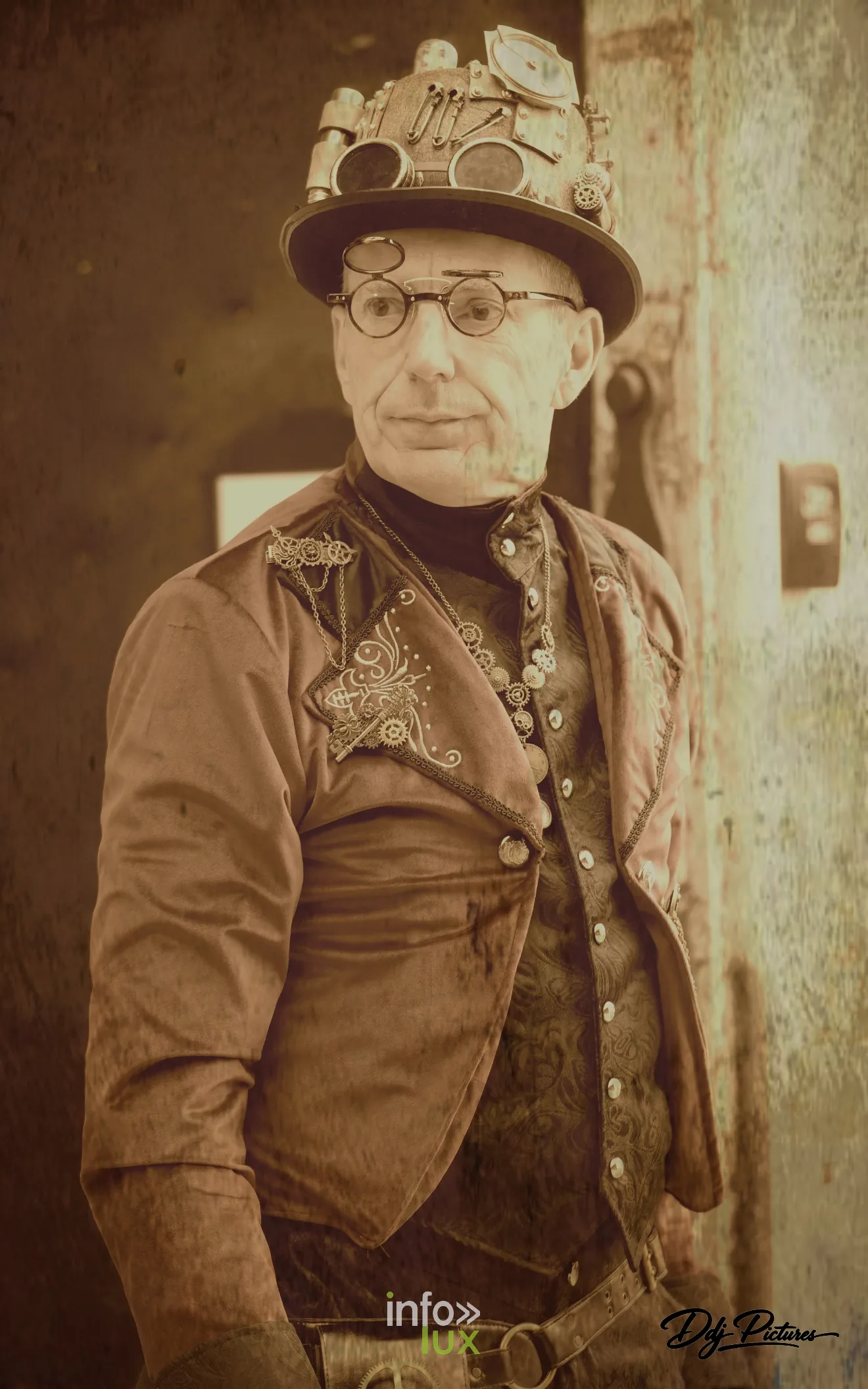 Portrait en tons sépia, à la manière d’une photographie ancienne, convention steampunk Rouages intemporels à Toul, octobre 2026 (photo Éric Didierjean)