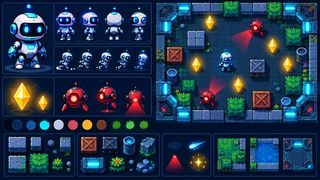 Illustration : planche de direction artistique du jeu, avec le robot explorateur, les cristaux jaunes, les drones rouges, la palette de couleurs, les éléments de décor et l’arène vue de dessus