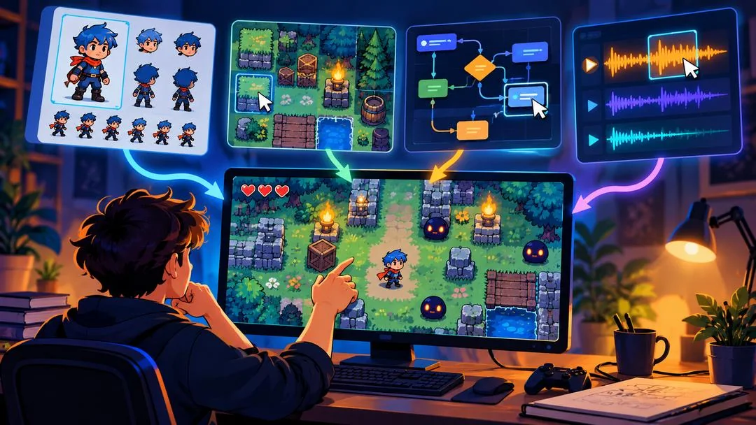 Illustration : personnage, décor, logique et sons convergent vers l’écran d’un jeu 2D en création