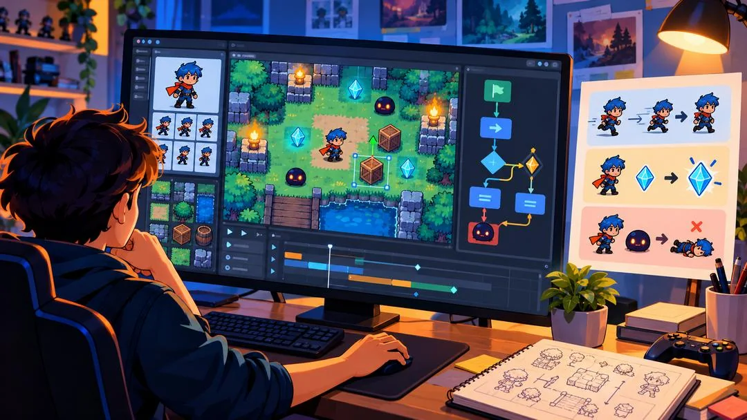 Illustration : un créateur travaille dans un éditeur de jeu 2D avec sa scène, ses ressources et sa logique visuelle