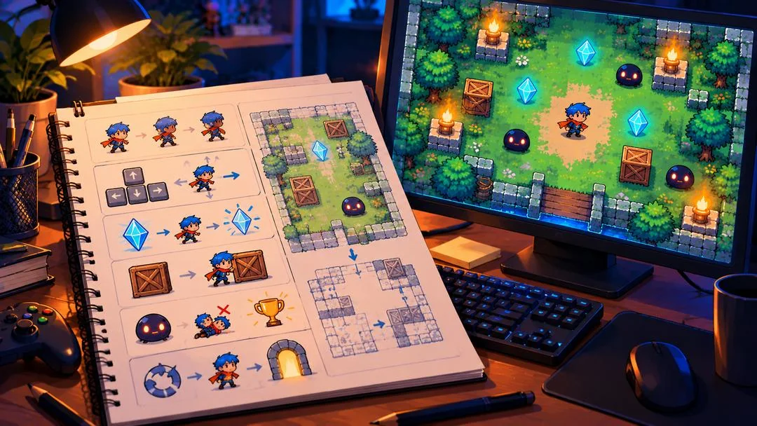 Illustration : une fiche de projet dessinée détaille commandes, collecte, obstacles et redémarrage, devant l’arène du jeu à l’écran