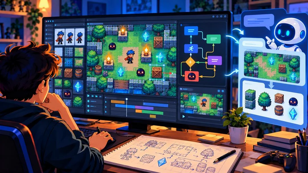 Illustration : un éditeur de jeu 2D avec sa scène et sa logique visuelle, à côté d’un assistant IA qui propose des éléments