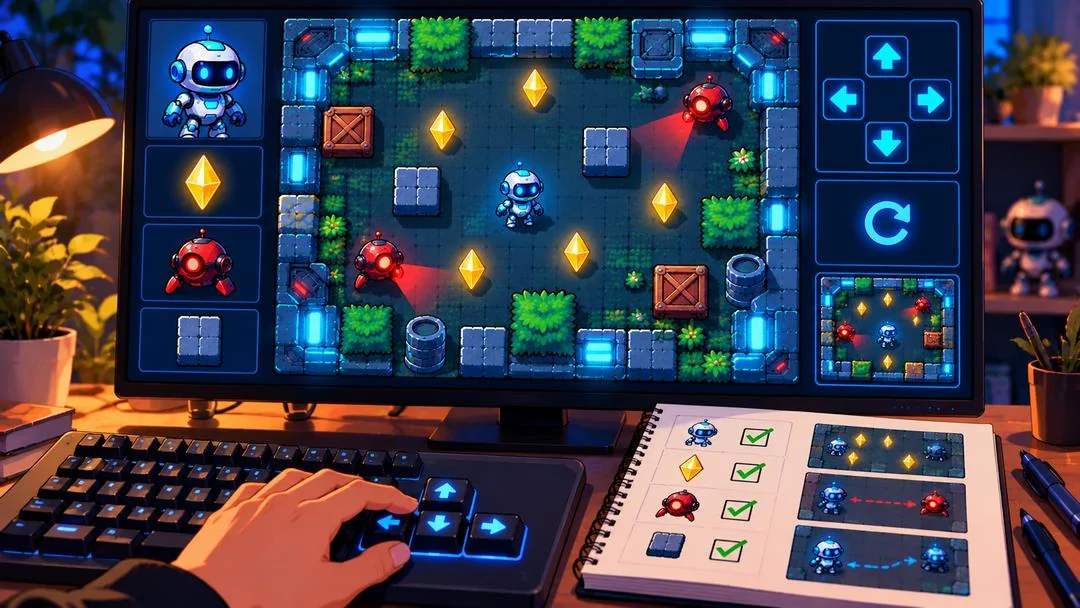 Illustration : l’arène du jeu à l’écran avec ses commandes fléchées, le bouton Recommencer et une mini-carte, pendant qu’un carnet coche les vérifications du robot, des cristaux, des drones et des obstacles