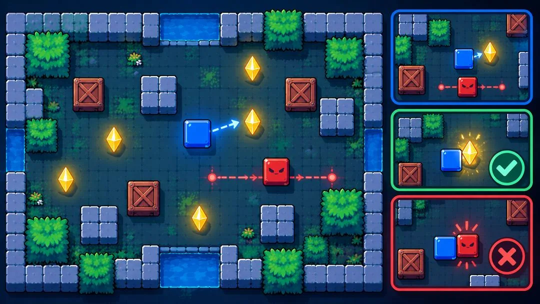 Illustration : collecte d’un cristal, obstacle rouge en aller-retour et vignettes de victoire et de défaite du prototype