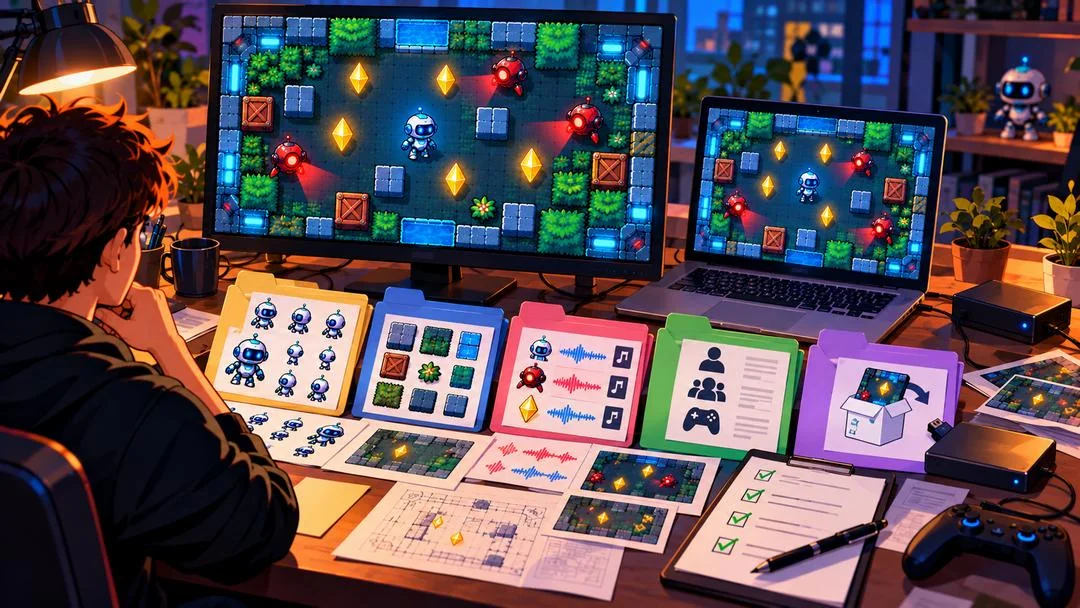 Illustration : le jeu affiché sur un écran et un ordinateur portable, devant des dossiers de ressources classées (personnages, décors, sons, crédits, export) et une liste de contrôle cochée