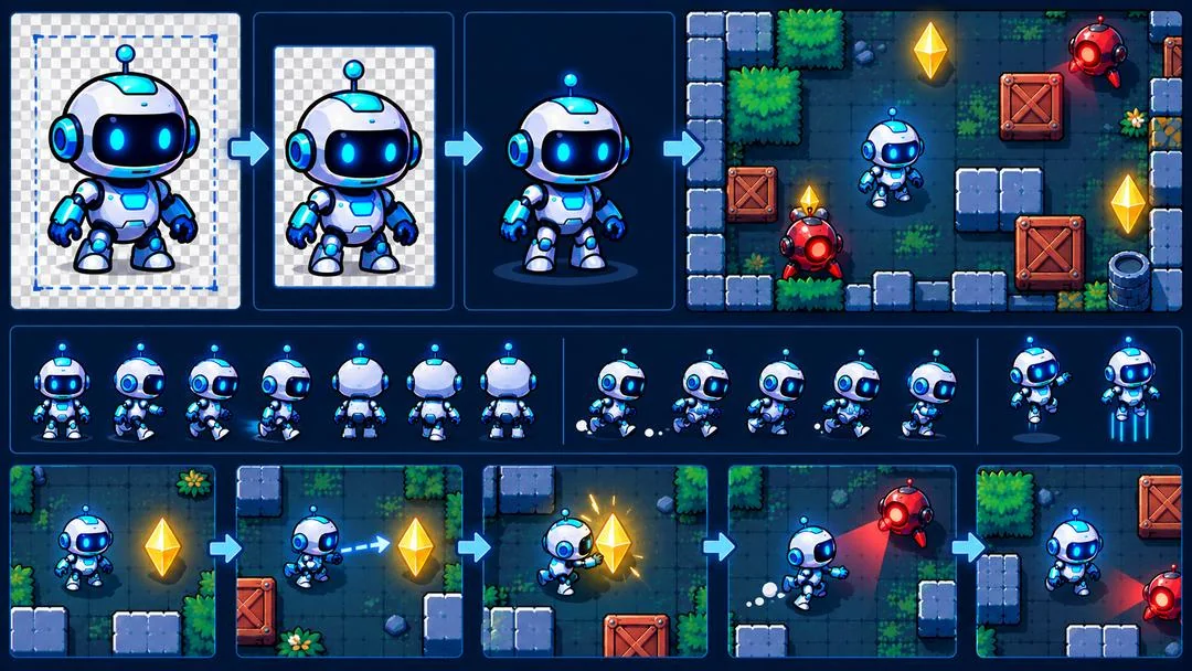 Illustration : le robot détouré sur fond transparent puis placé dans l’arène, ses images d’animation de repos et de déplacement, et une séquence de collecte d’un cristal