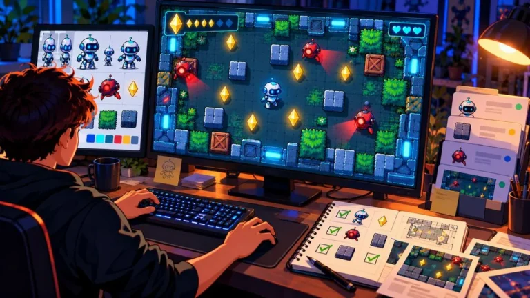 Illustration : un créateur teste son jeu 2D au clavier, avec le robot explorateur, les cristaux jaunes et les drones rouges à l’écran, entouré de planches de personnages et d’une liste de vérifications cochées