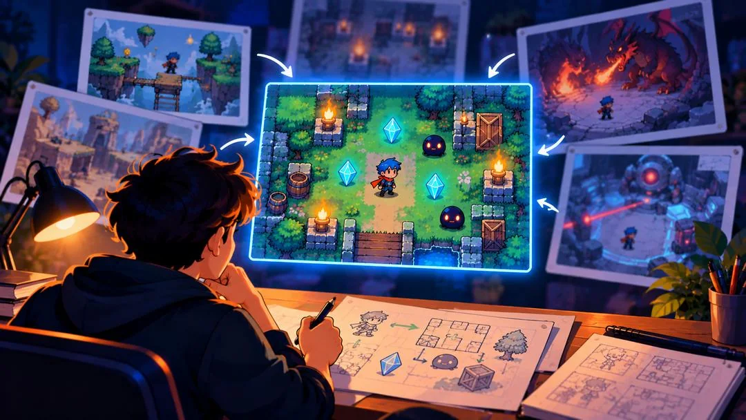 Illustration : parmi plusieurs univers de jeu ambitieux, une petite arène 2D de collecte de cristaux est mise en avant