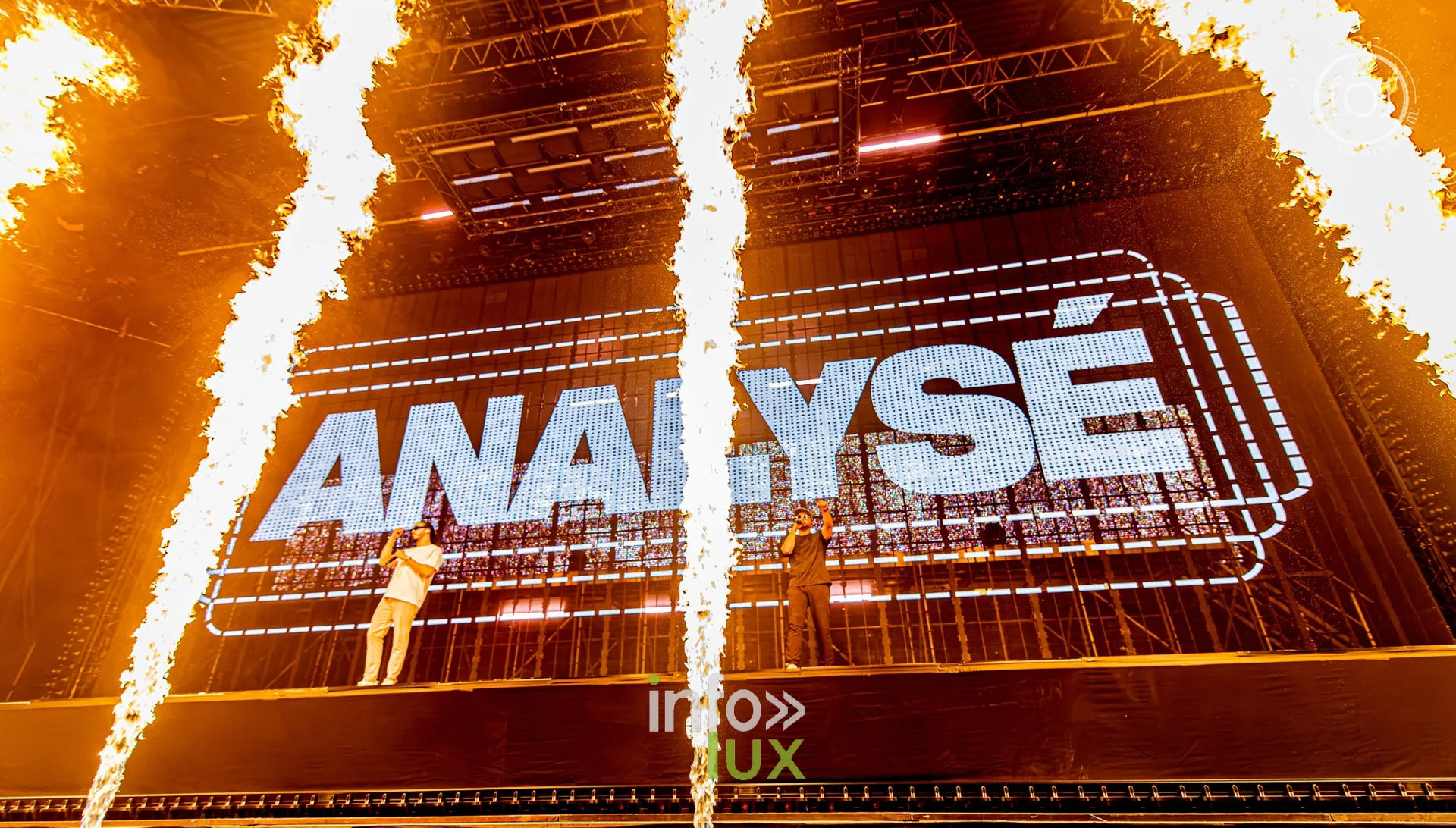 Le mot « ANALYSÉ » sur l’écran et jets de flammes, concert de Djadja & Dinaz au Galaxie d’Amnéville, 26 septembre 2026