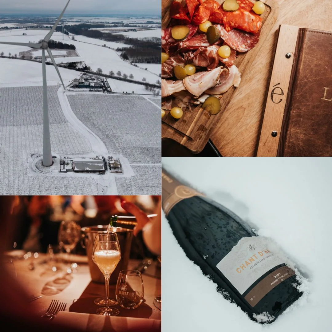Le vignoble du Domaine du Chant d’Éole sous la neige, une planche de charcuterie et une bouteille de Chant d’Éole Brut