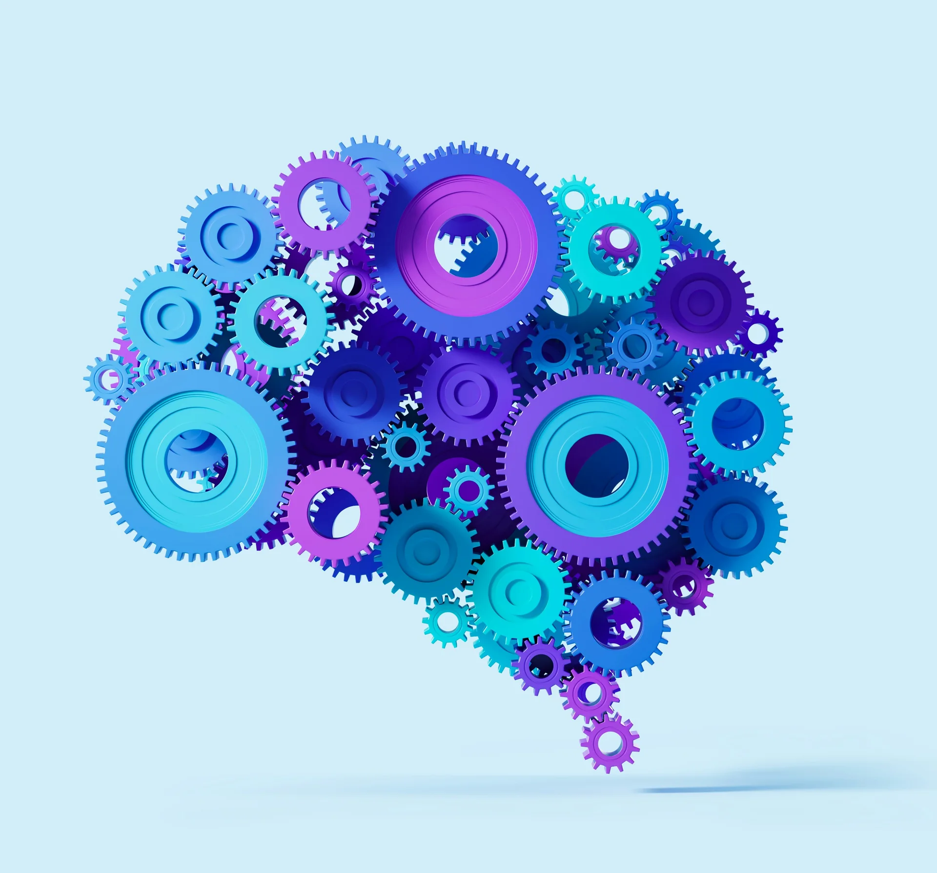 Un cerveau formé d’engrenages bleus et violets