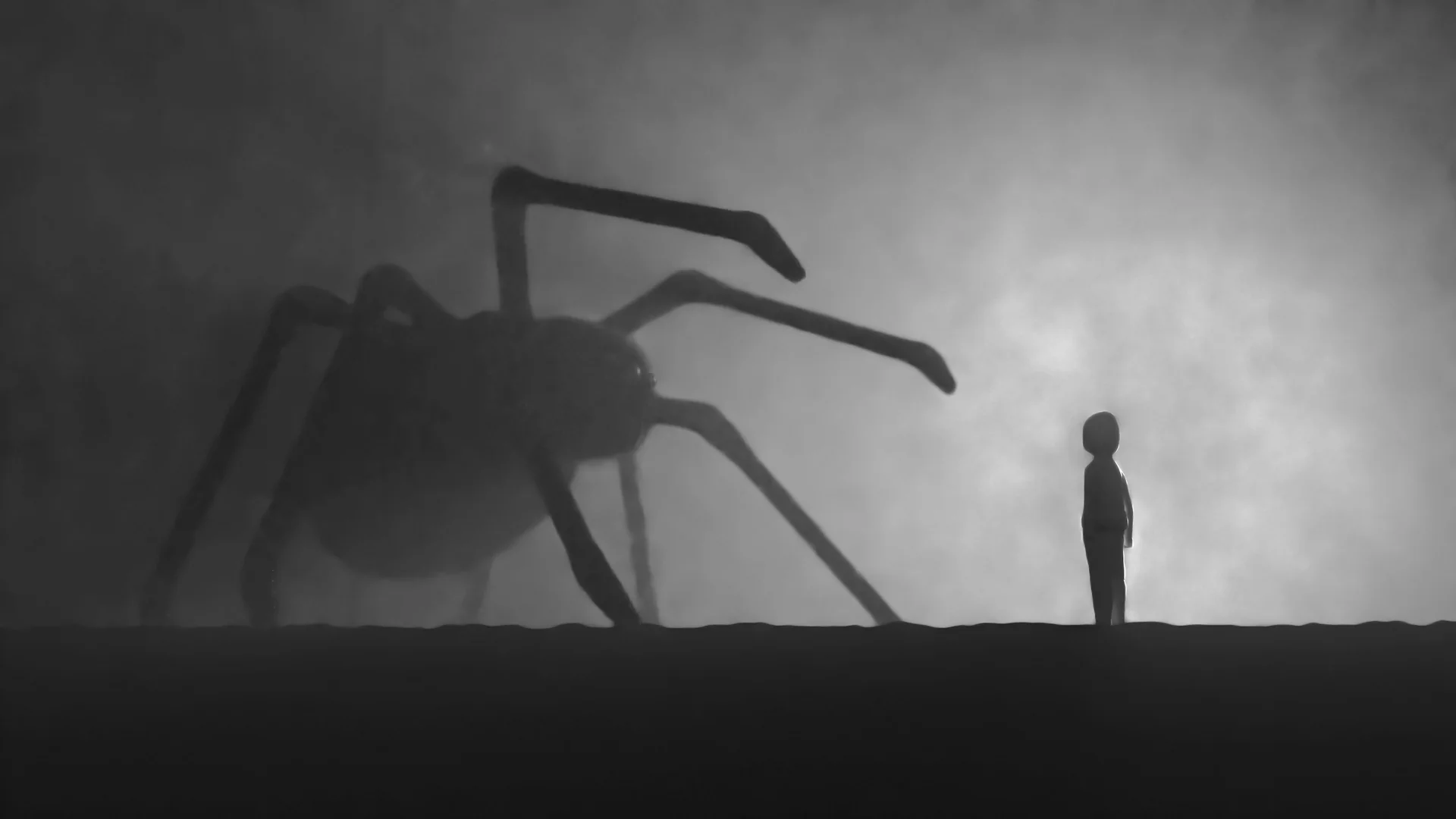 Une petite silhouette humaine face à l’ombre d’une araignée géante, dans la brume