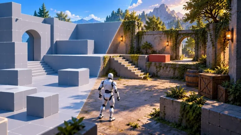 Illustration : une cour en 3D vue à moitié en blocs gris et à moitié décorée de pierres, de lierre et de lanternes, avec un personnage au centre