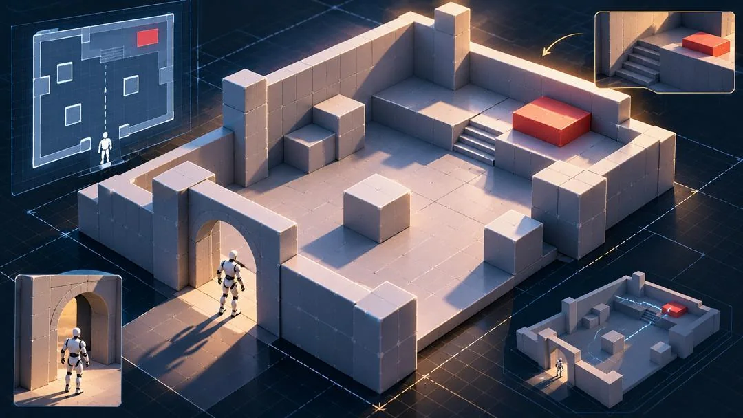 Illustration : une cour en blocs gris vue de haut, avec une arche d’entrée, des obstacles et une plateforme rouge au fond, entourée de son plan et de vues de détail