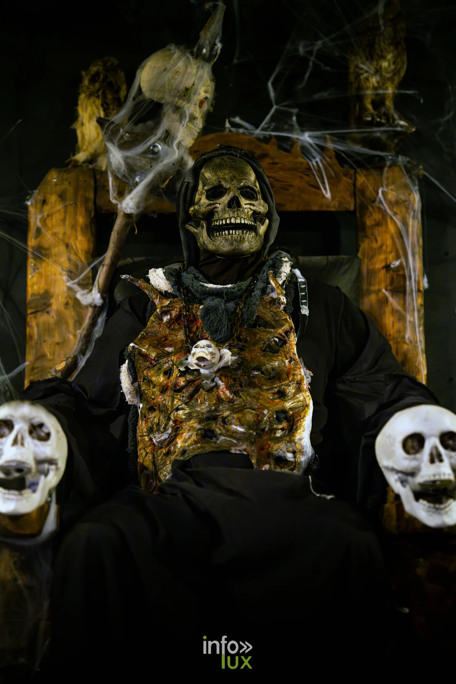 Fantastique Halloween 2026, château de Lavaux-Sainte-Anne (Rochefort) : un squelette sur un trône (photo Vincent Beckmann)