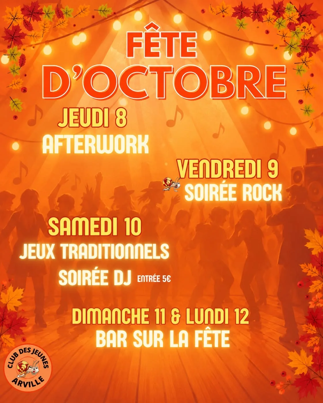 Affiche orange de la fête d’octobre d’Arville du 8 au 12 octobre 2026, Club des Jeunes d’Arville
