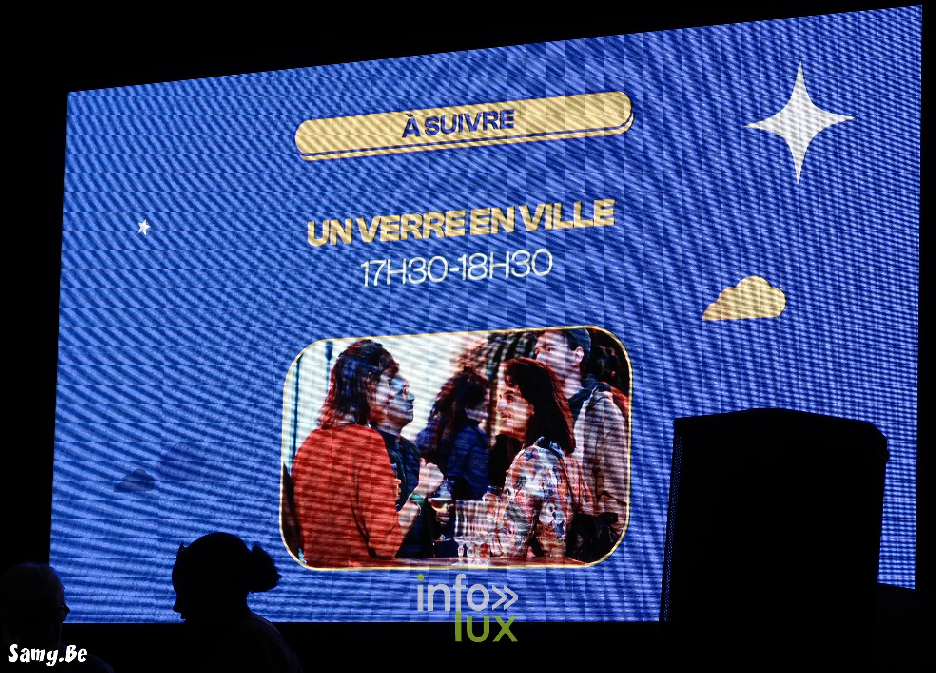 Écran annonçant Un verre en ville de 17 h 30 à 18 h 30 au FiFF Namur 2026
