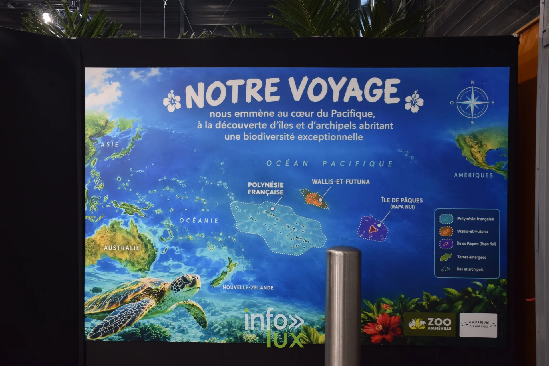 Panneau « Notre voyage » avec la carte des îles du Pacifique, Foire internationale de Metz 2026
