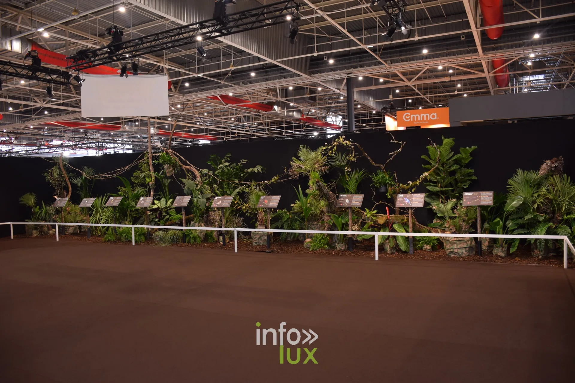Allée de plantes tropicales et de panneaux dans l’exposition, Foire internationale de Metz 2026