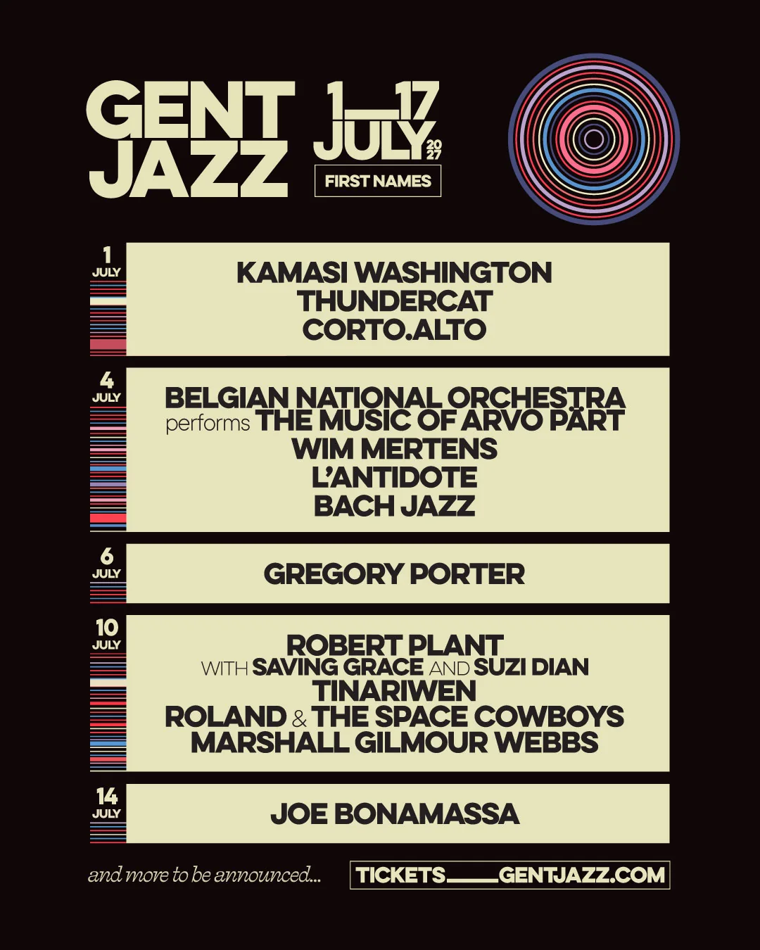 Affiche des premiers noms de Gent Jazz 2027, du 1er au 17 juillet à Gand