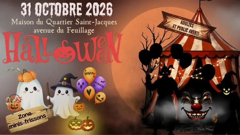 Affiche d’Halloween XXL 2026 au quartier Saint-Jacques de Braine-l’Alleud : zone minis-frissons et chapiteau de cirque pour adultes et public averti