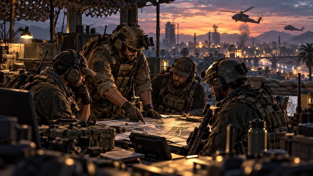 Illustration : des soldats modernes équipés de casques et de micros étudient une carte dans un poste de commandement, une ville et des hélicoptères au coucher du soleil