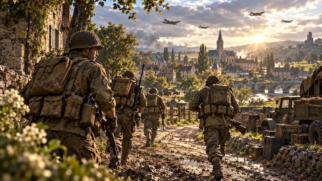 Illustration : des soldats de la Seconde Guerre mondiale marchent sur un chemin boueux vers un village, des avions survolant la campagne