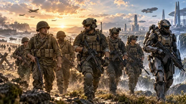 Illustration : une escouade de soldats de différentes époques, du casque de la Seconde Guerre mondiale à l’exosquelette futuriste, avance devant une ville de science-fiction