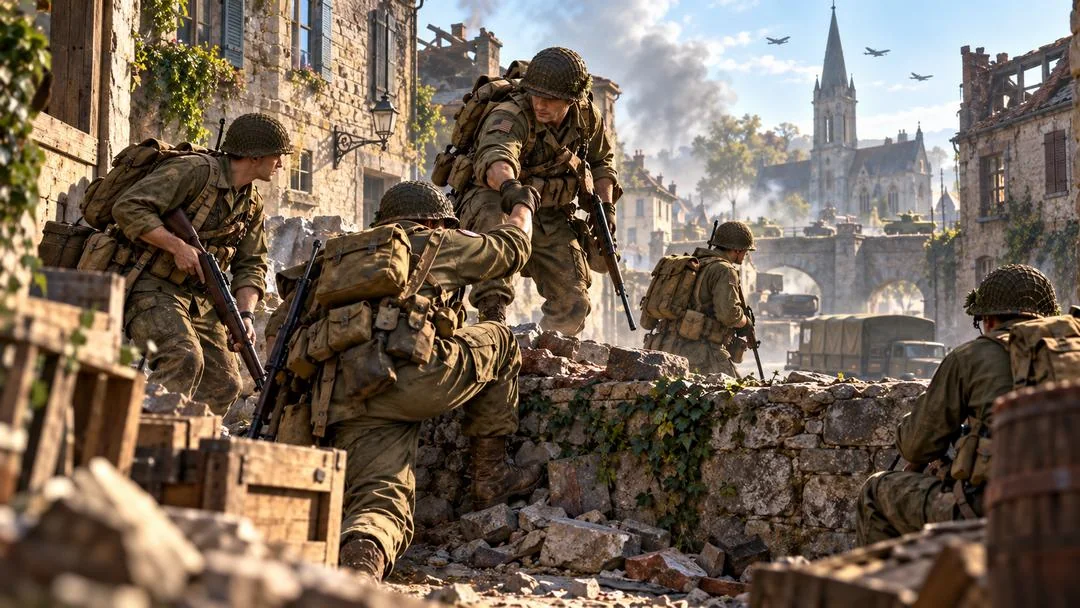 Illustration : des soldats de la Seconde Guerre mondiale progressent dans un village en ruine dominé par une église, des avions dans le ciel