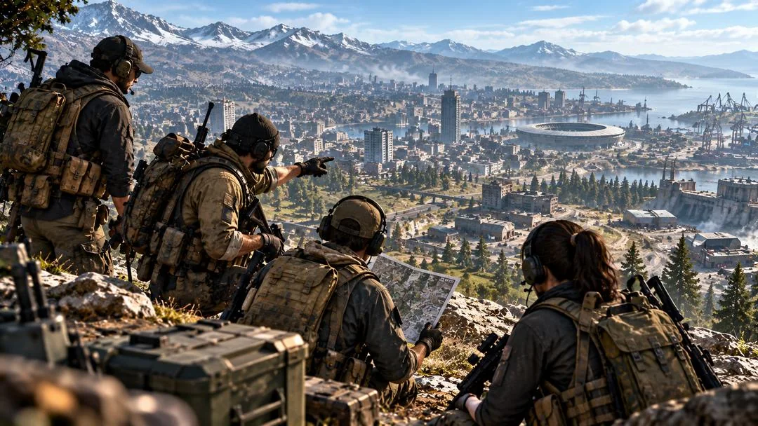 Illustration : une escouade moderne observe depuis une colline une grande ville avec un stade, au pied de montagnes enneigées