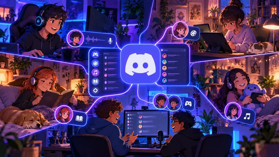 Illustration : des personnes chez elles, au casque, qui jouent, lisent, dessinent ou écoutent de la musique, reliées par le logo de Discord et des listes de salons
