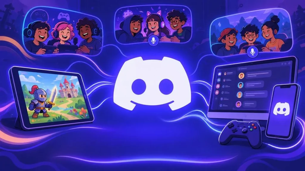 Illustration : le logo de Discord au centre, relié à des groupes de joueurs casqués, une tablette, un ordinateur, une manette et un téléphone