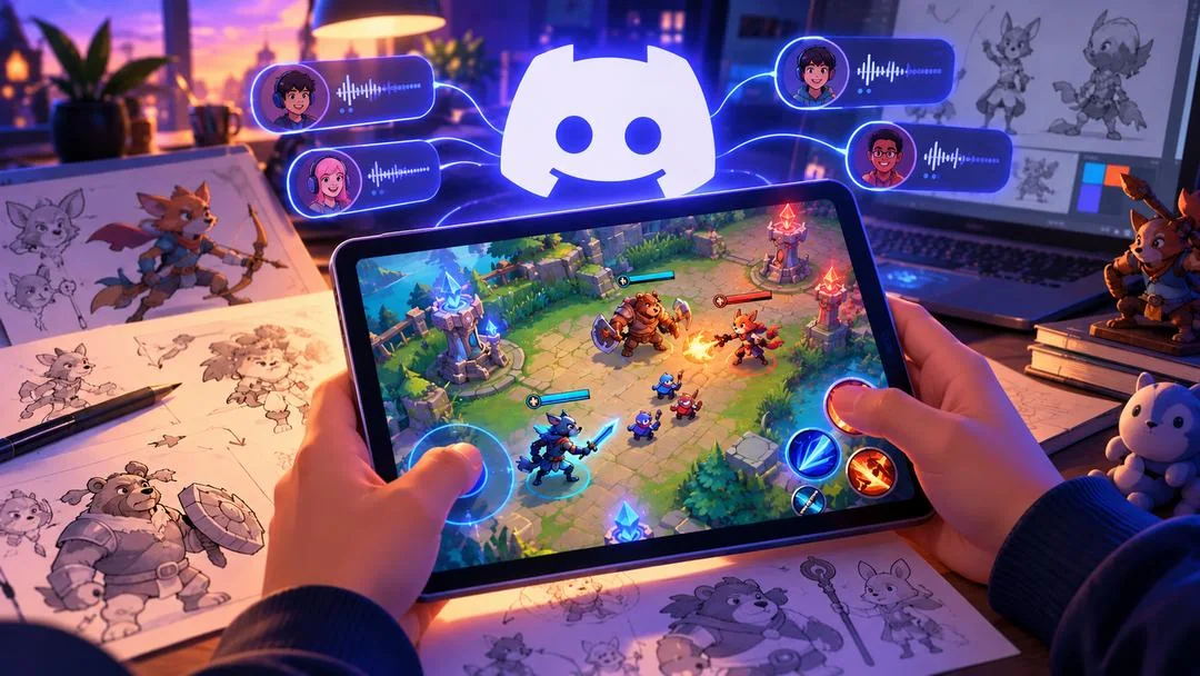 Illustration : des mains tiennent une tablette affichant un jeu de bataille en arène, sur un bureau couvert de croquis de personnages, avec le logo de Discord et des bulles d’appel vocal