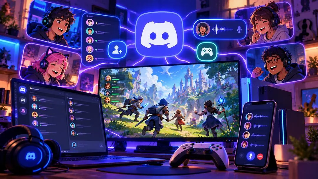 Illustration : un écran de jeu, un ordinateur portable, un téléphone et une manette, entourés de joueurs en appel vocal et du logo de Discord